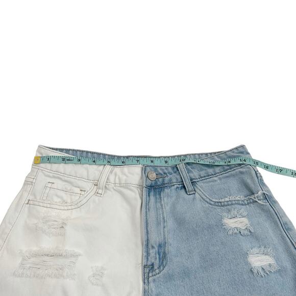 Vervet Medium Blue & White Colorblock Denim Rebecca High Rise Distressed Shorts - Picture 7 of 10